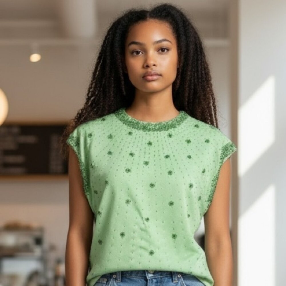 Vintage 60s Green Hand Beaded Tank Full Zip Back Size Medium